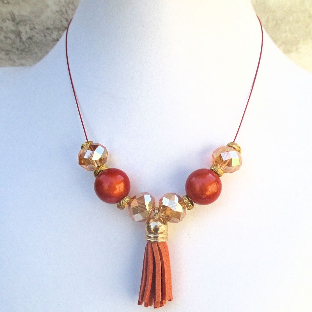 Paprika Orange and Gold Tassel Pendant Necklace